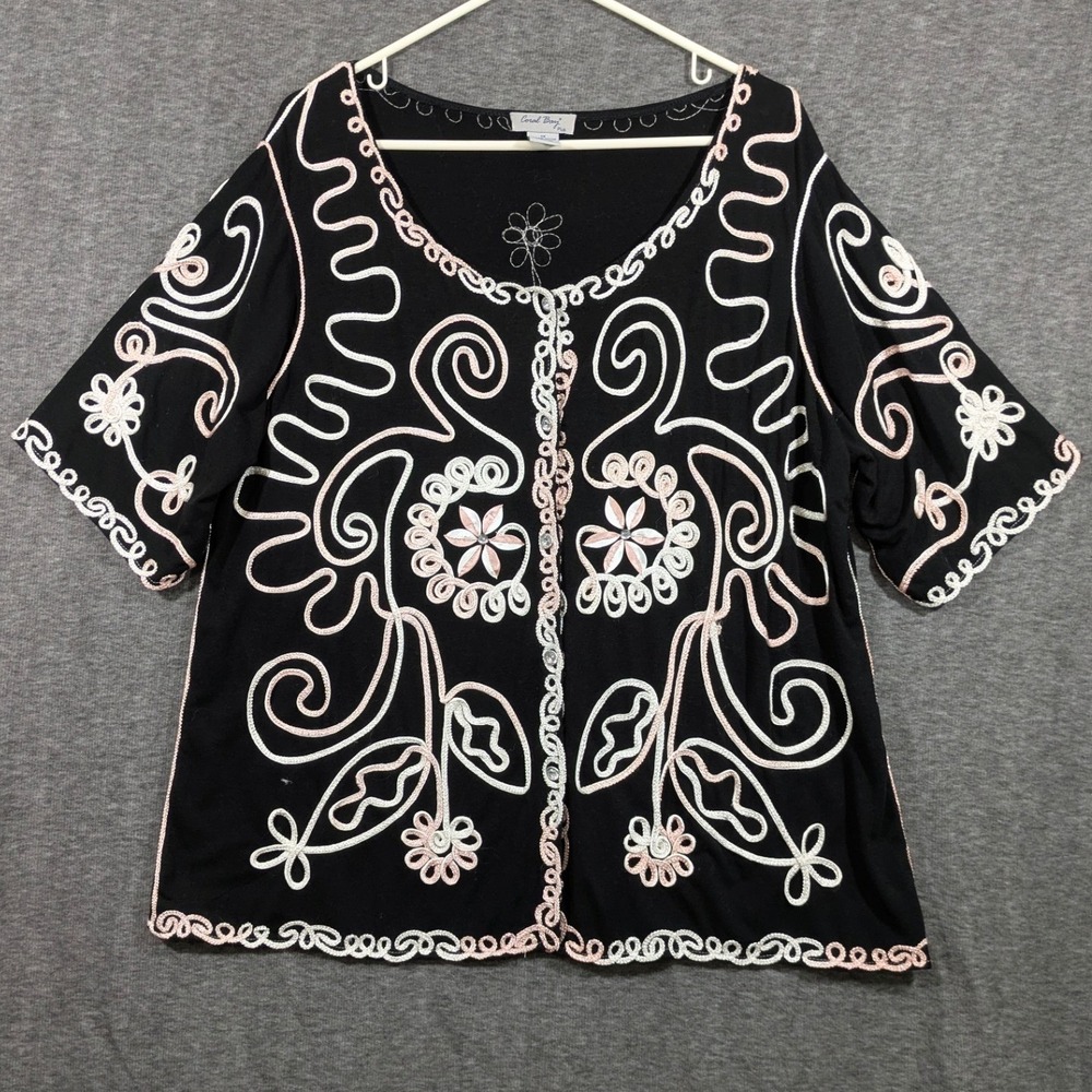Coral Bay Black Pink Soutache Embroidered Short Sleeve Button Top Plus‎ Size 1X